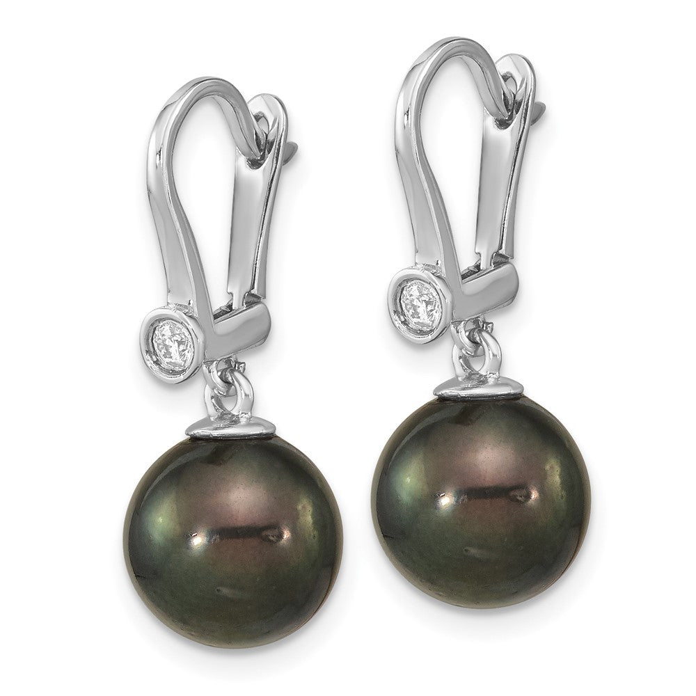 14K White Gold 9 10mm Black Round Tahitian Saltwater Cultured Pearl And .10 Carat Diamond Leverback Dangle Earrings