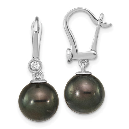 14K White Gold 9 10mm Black Round Tahitian Saltwater Cultured Pearl And .10 Carat Diamond Leverback Dangle Earrings