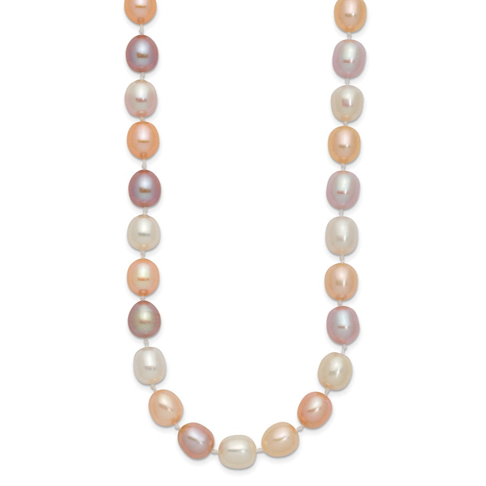 14K Yellow Gold 8 9mm Pink/Purple/White Alternating Color Rice Freshwater Cultured Pearl 18 Inch Necklace