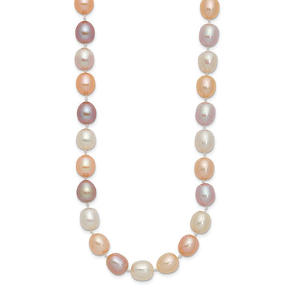 14K Yellow Gold 8 9mm Pink/Purple/White Alternating Color Rice Freshwater Cultured Pearl 18 Inch Necklace