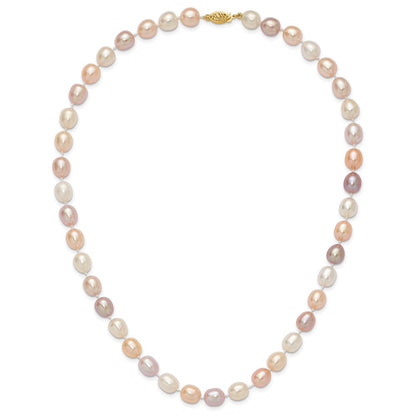 14K Yellow Gold 8 9mm Pink/Purple/White Alternating Color Rice Freshwater Cultured Pearl 18 Inch Necklace