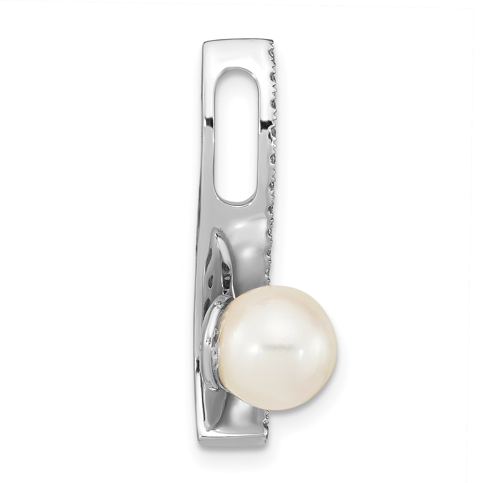 14k White Gold 14k White Gold 7-8mm Round White Akoya Saltwater Cultured Pearl and .06 Carat Diamond Chain Slide