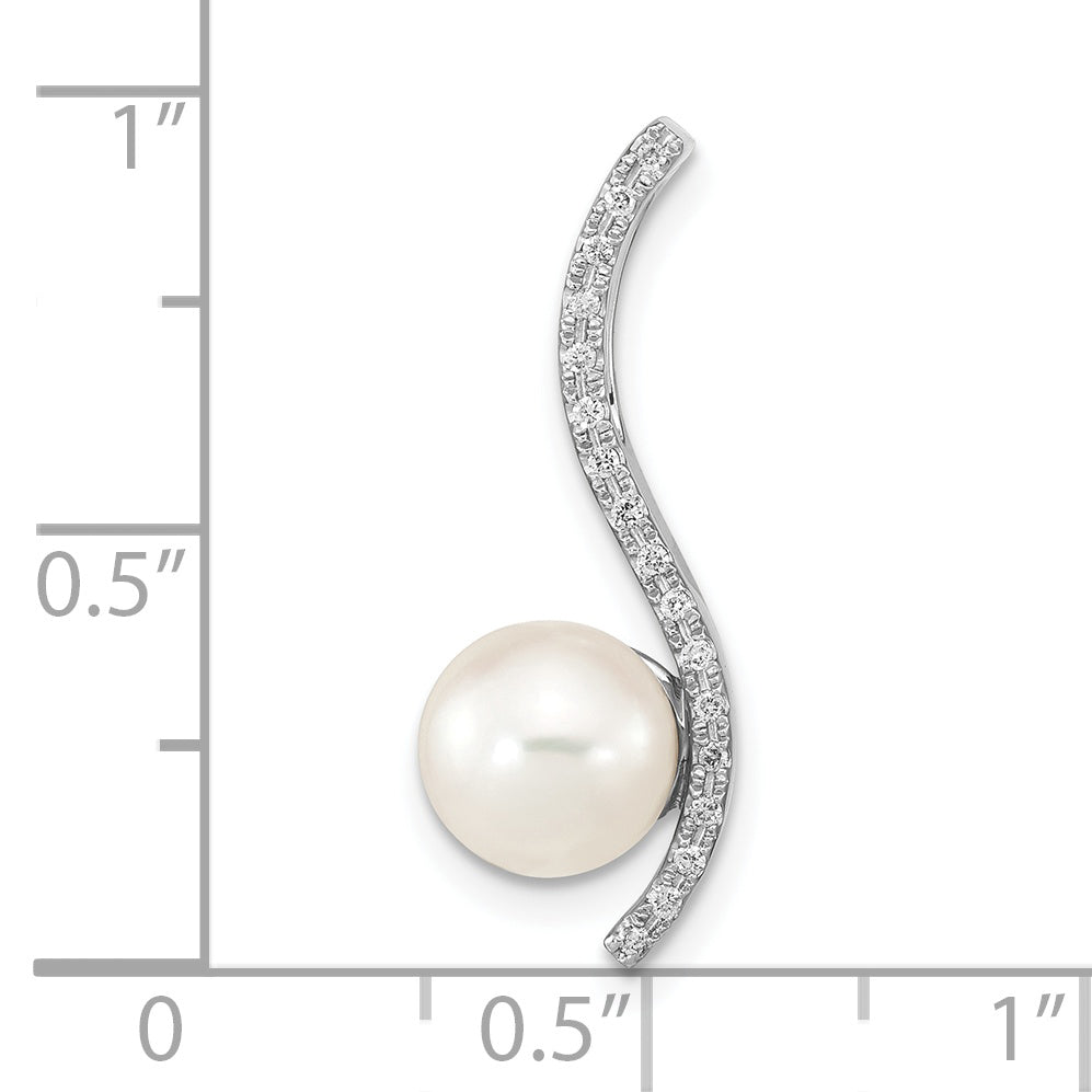 14k White Gold 14k White Gold 7-8mm Round White Akoya Saltwater Cultured Pearl and .06 Carat Diamond Chain Slide