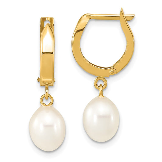 14K Yellow Gold 6 7mm White Rice Freshwater Cultured Pearl Hoop Dangle Earrings