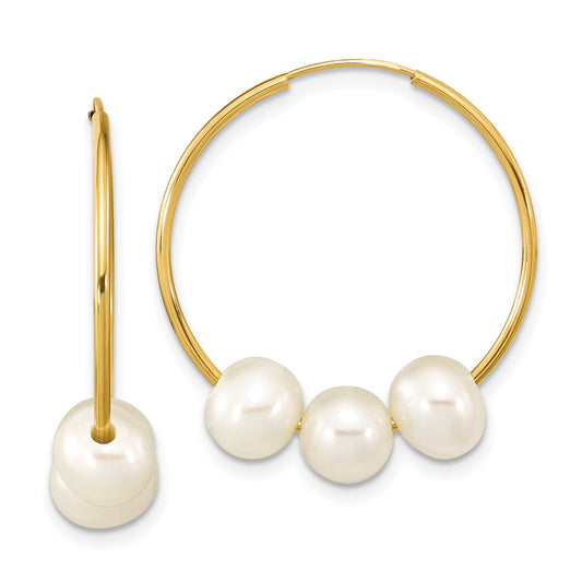 14K Yellow Gold 6 7mm White Semi Round Freshwater Cultured Pearl Infinity Hoop Earrings