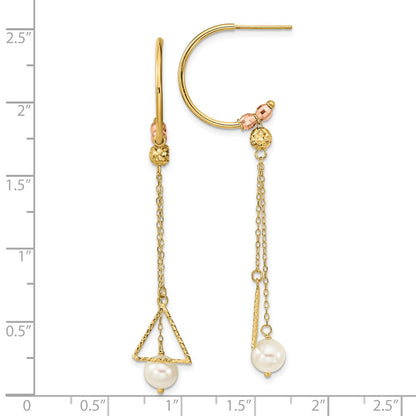 14K Two Tone Half Circle Diamond Cut 6mm Fw Cultured Pearl Dangle Earrings