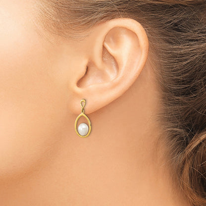 14K Yellow Gold 6 7mm White Teardrop Freshwater Cultured Pearl Post Dangle Earrings