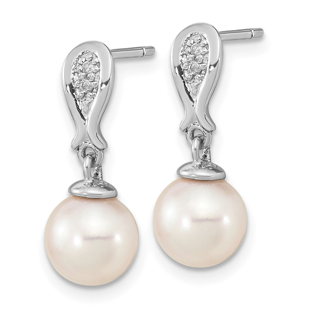 14K White Gold 7 8mm Round Akoya Saltwater Cultured Pearl And .03 Carat Diamond Post Dangle Earrings