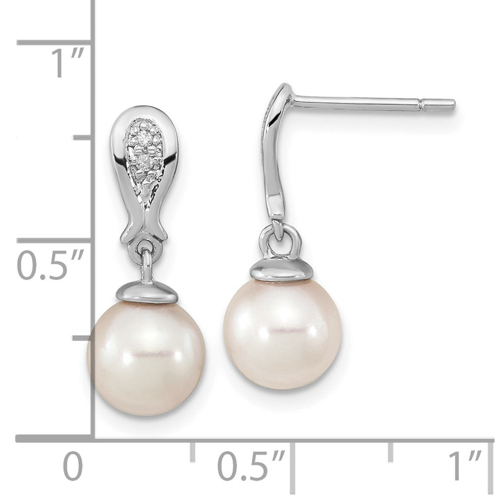 14K White Gold 7 8mm Round Akoya Saltwater Cultured Pearl And .03 Carat Diamond Post Dangle Earrings
