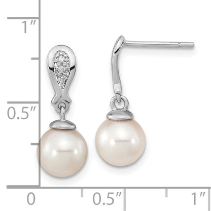 14K White Gold 7 8mm Round Akoya Saltwater Cultured Pearl And .03 Carat Diamond Post Dangle Earrings