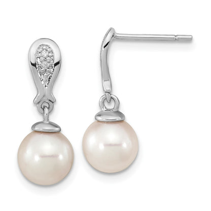 14K White Gold 7 8mm Round Akoya Saltwater Cultured Pearl And .03 Carat Diamond Post Dangle Earrings