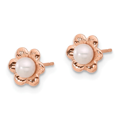 14K Rose Gold 3 4mm White Button Freshwater Cultured Pearl Flower Post Earrings