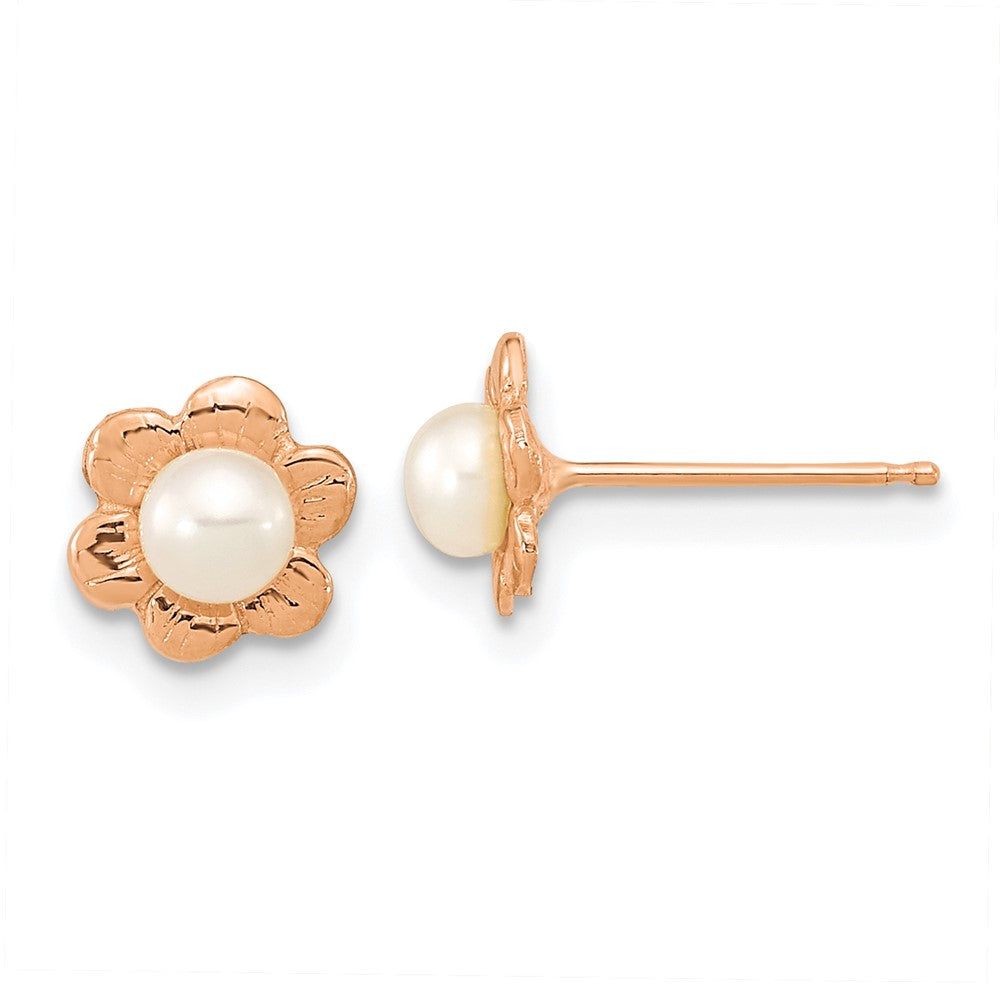 14K Rose Gold 3 4mm White Button Freshwater Cultured Pearl Flower Post Earrings