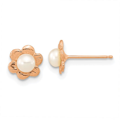 14K Rose Gold 3 4mm White Button Freshwater Cultured Pearl Flower Post Earrings