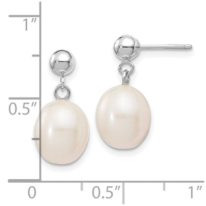14K White Gold 8 9mm Rice Freshwater Cultured Pearl Post Dangle Earrings