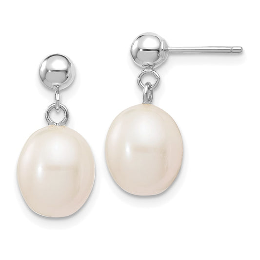 14K White Gold 8 9mm Rice Freshwater Cultured Pearl Post Dangle Earrings