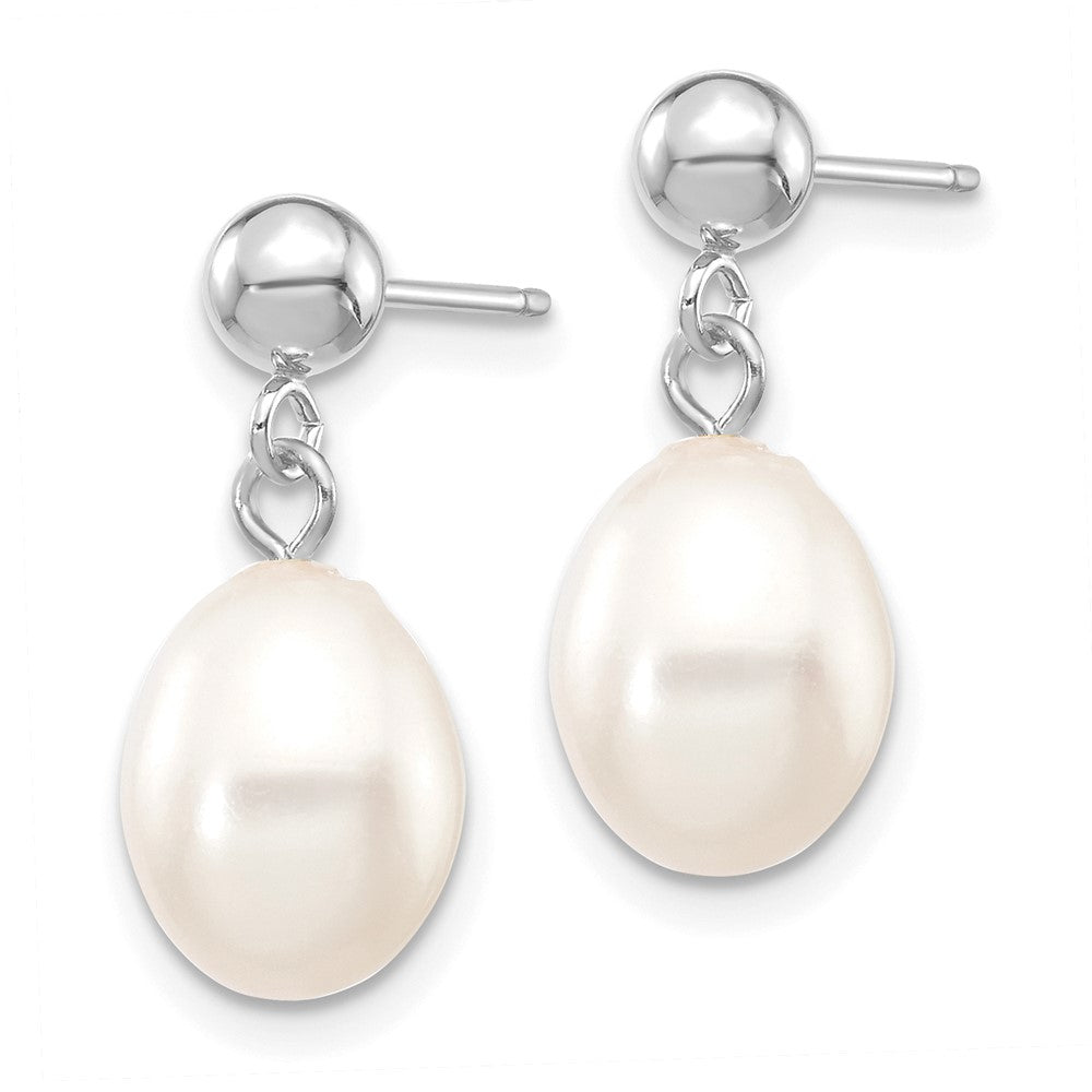 14K White Gold 7 8mm Rice Freshwater Cultured Pearl Post Dangle Earrings