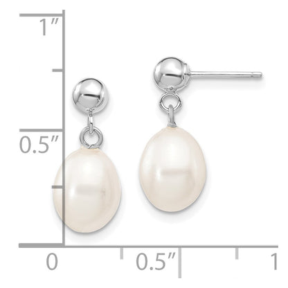 14K White Gold 7 8mm Rice Freshwater Cultured Pearl Post Dangle Earrings