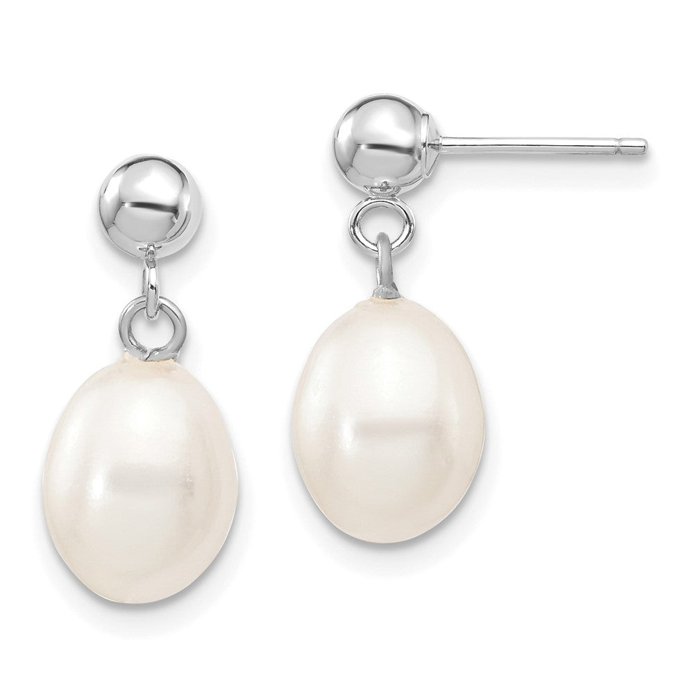 14K White Gold 7 8mm Rice Freshwater Cultured Pearl Post Dangle Earrings