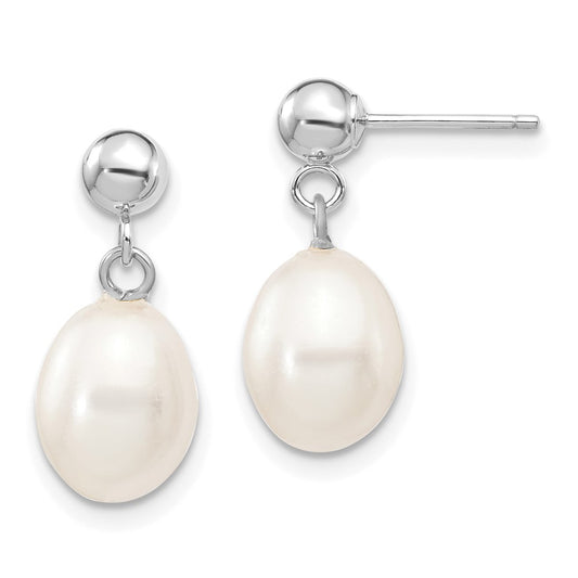 14K White Gold 7 8mm Rice Freshwater Cultured Pearl Post Dangle Earrings