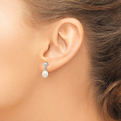 14K White Gold 6 7mm Rice Freshwater Cultured Pearl Post Dangle Earrings