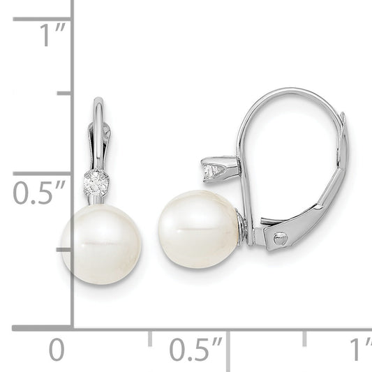 14K White Gold 6 7mm Round Freshwater Cultured Pearl And .06 Carat Diamond Leverback Earrings