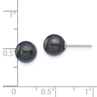 14K White Gold 7 8mm Black Round Akoya Saltwater Cultured Pearl Post Earrings