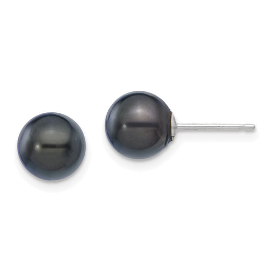 14K White Gold 7 8mm Black Round Akoya Saltwater Cultured Pearl Post Earrings