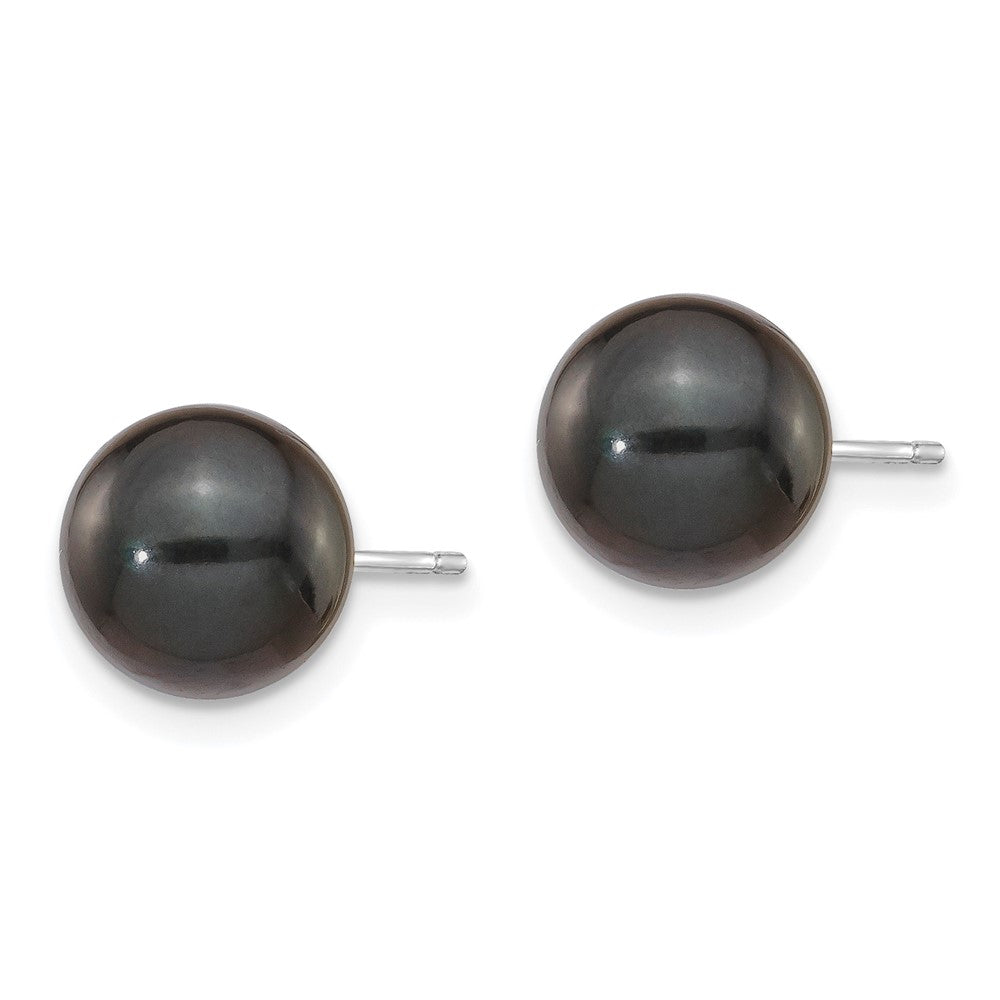 14K White Gold 8 9mm Black Round Akoya Saltwater Cultured Pearl Post Earrings