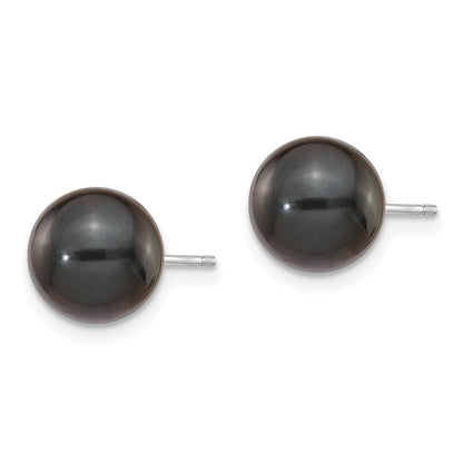 14K White Gold 8 9mm Black Round Akoya Saltwater Cultured Pearl Post Earrings
