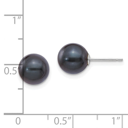 14K White Gold 8 9mm Black Round Akoya Saltwater Cultured Pearl Post Earrings