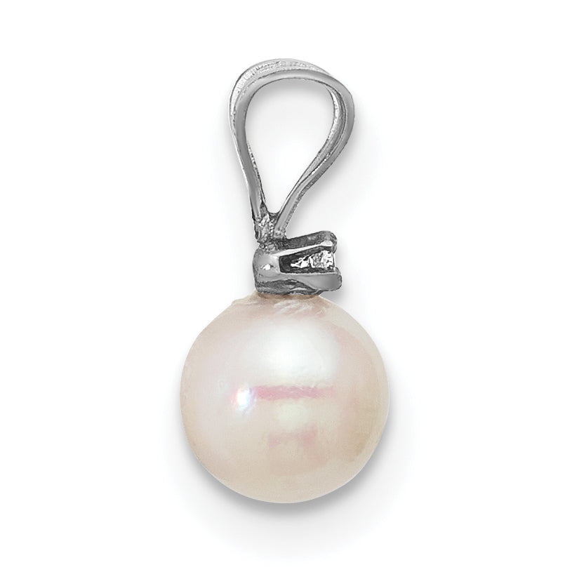 14k White Gold 14k White Gold 5-6mm White Round Akoya Saltwater Cultured Pearl and .01 Carat Diamond Pendant