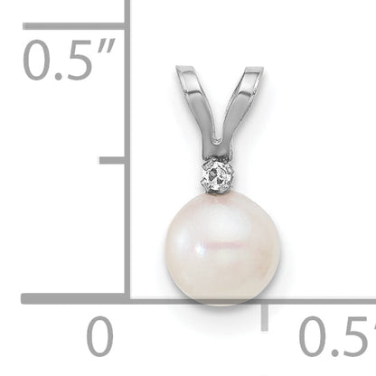 14k White Gold 14k White Gold 5-6mm White Round Akoya Saltwater Cultured Pearl and .01 Carat Diamond Pendant