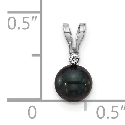 14k White Gold 14k White Gold 5-6mm Black Round Akoya Saltwater Cultured Pearl and .01 Carat Diamond Pendant