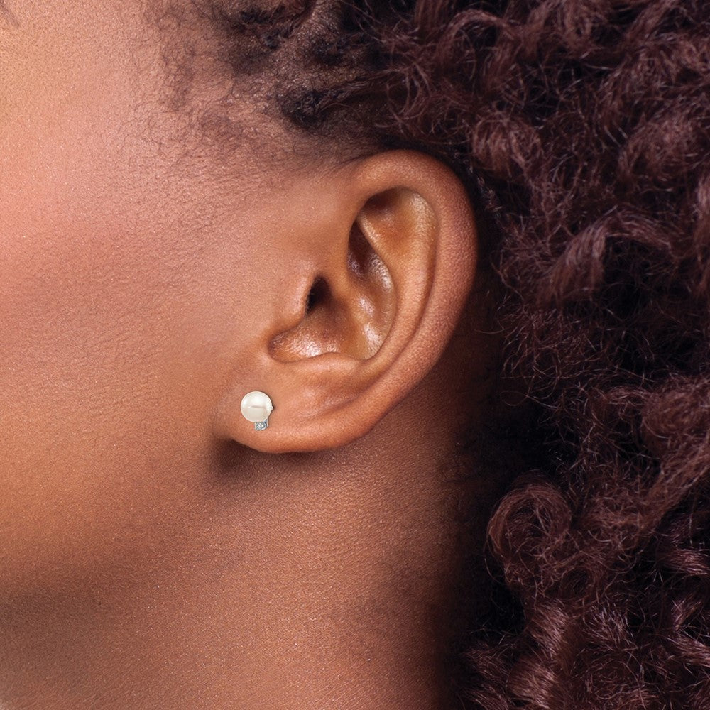 14K White Gold 5 6mm Round Akoya Saltwater And .02 Carat Diamond Earrings