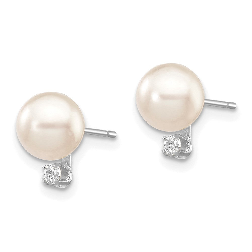 14K White Gold 6 7mm Round Akoya Saltwater Cultured Pearl And .06 Carat Diamond Post Earrings