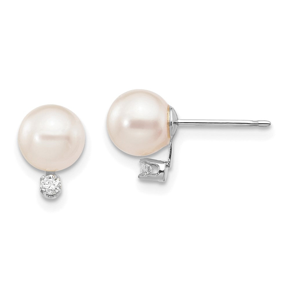 14K White Gold 6 7mm Round Akoya Saltwater Cultured Pearl And .06 Carat Diamond Post Earrings