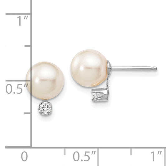 14K White Gold 7 8mm Round Akoya Saltwater Cultured Pearl And .10 Carat Diamond Post Earrings