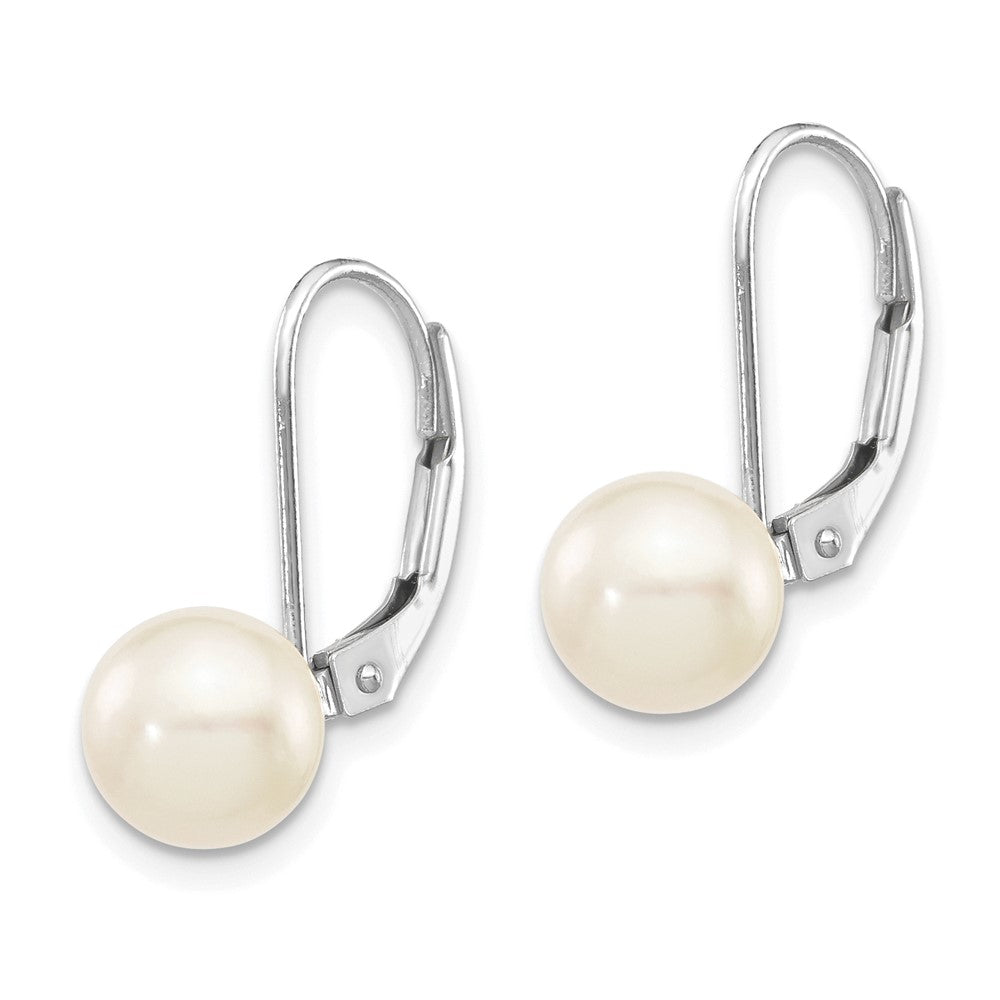 14K White Gold 7 8mm Round Akoya Saltwater Cultured Pearl Leverback Earrings