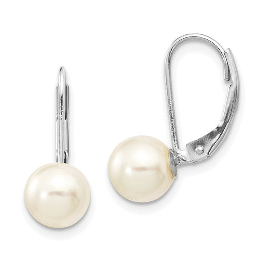 14K White Gold 7 8mm Round Akoya Saltwater Cultured Pearl Leverback Earrings