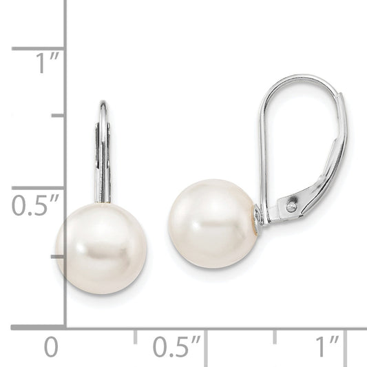 14K White Gold 8 9mm Round Akoya Saltwater Cultured Pearl Leverback Earrings