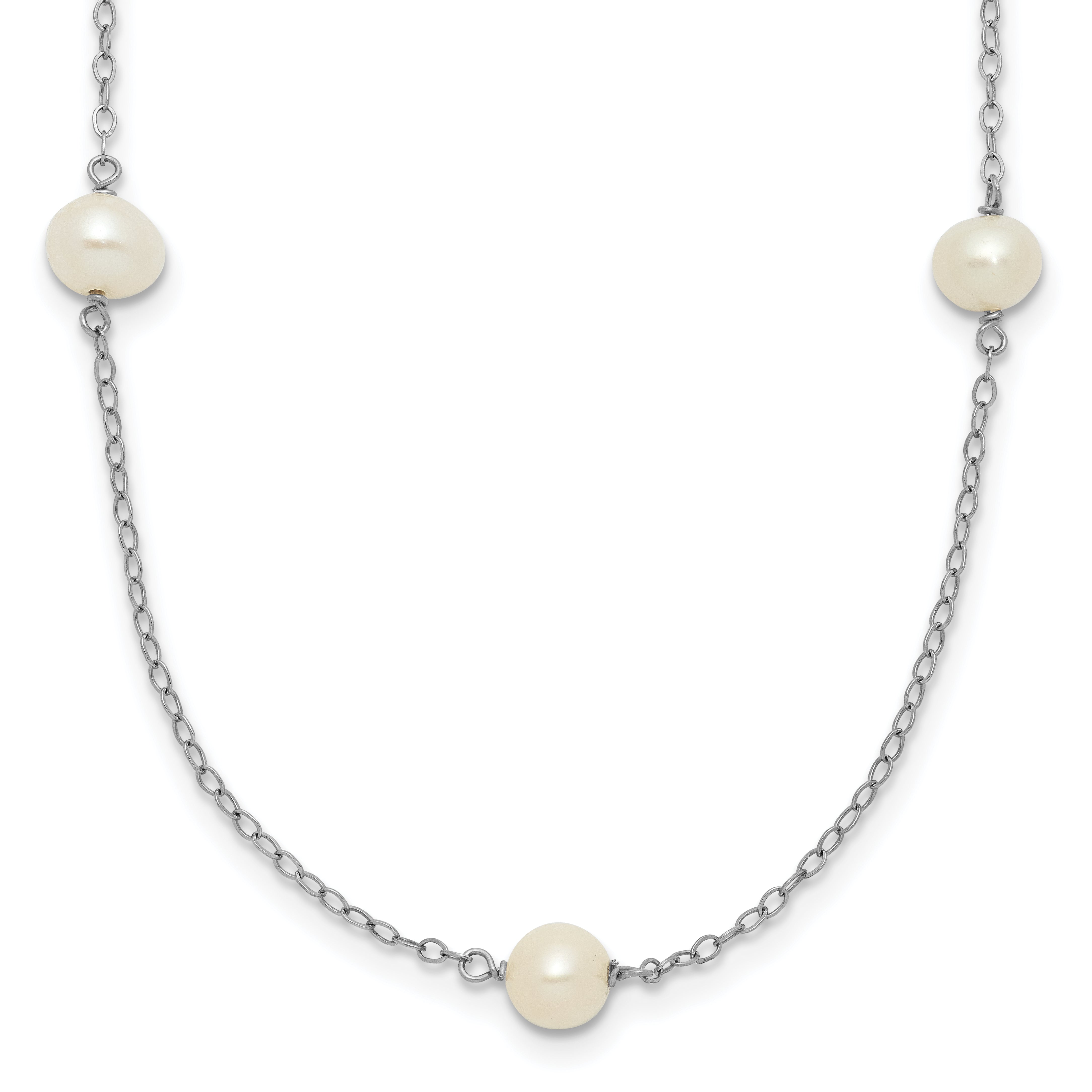 10K White Gold 10K 5-6mm Round Freshwater Cultured Pearl 7 Station 18 Inch Necklace