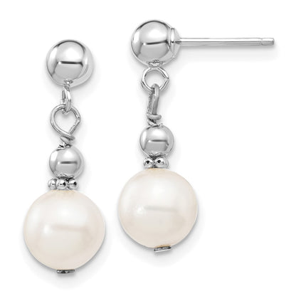 14K White Gold 7 8mm Semi Round Freshwater Cultured Pearl Post Dangle Earrings