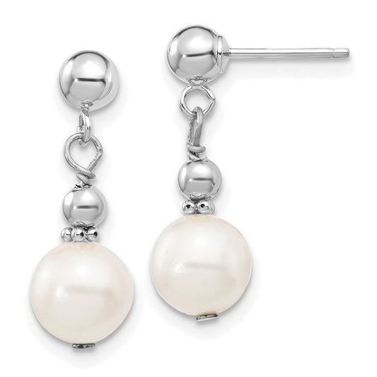 14K White Gold 7 8mm Semi Round Freshwater Cultured Pearl Post Dangle Earrings