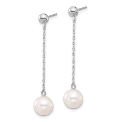 14K White Gold 14Kw 7 8mm Round Freshwater Cultured Pearl Post Dangle Earrings