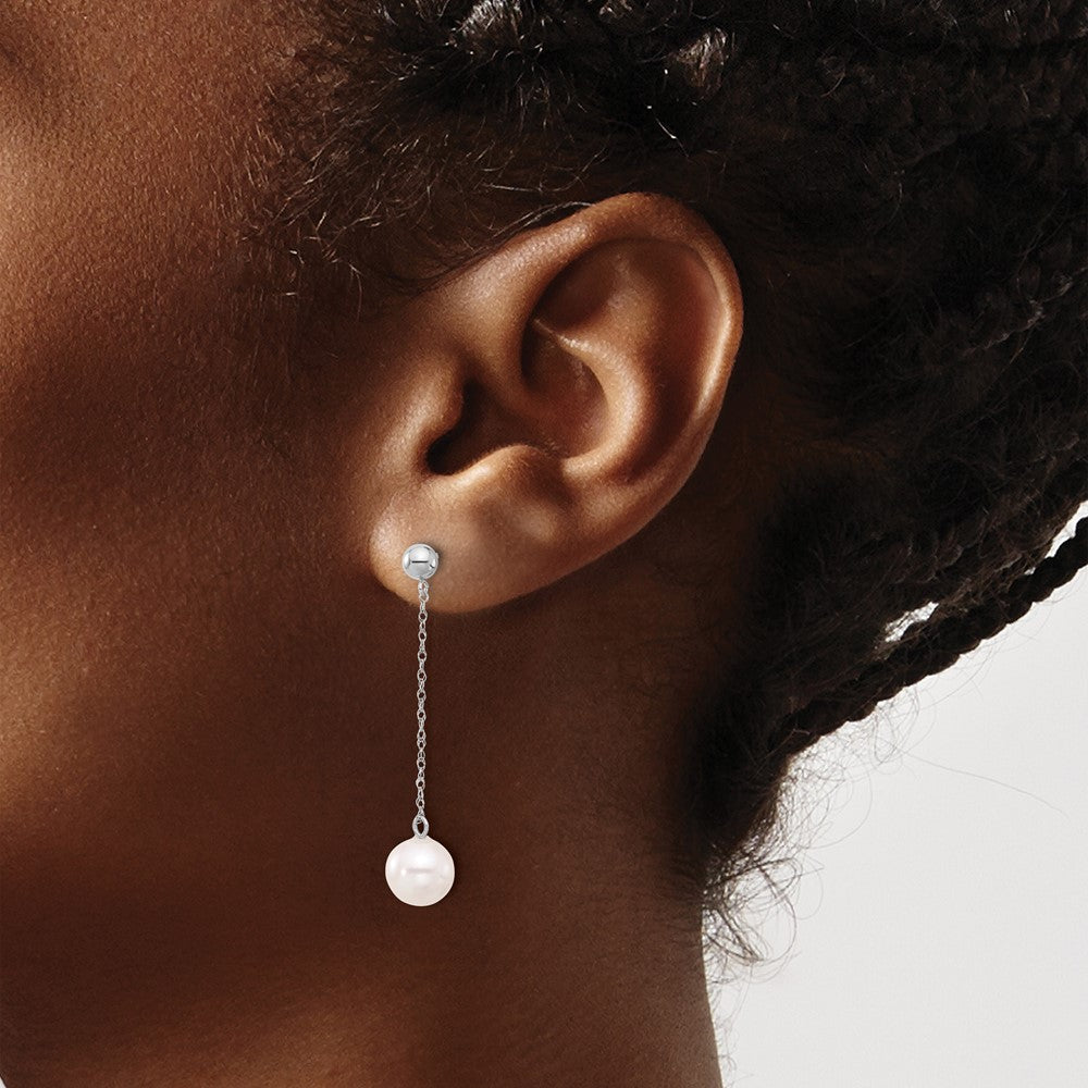 14K White Gold 14Kw 7 8mm Round Freshwater Cultured Pearl Post Dangle Earrings