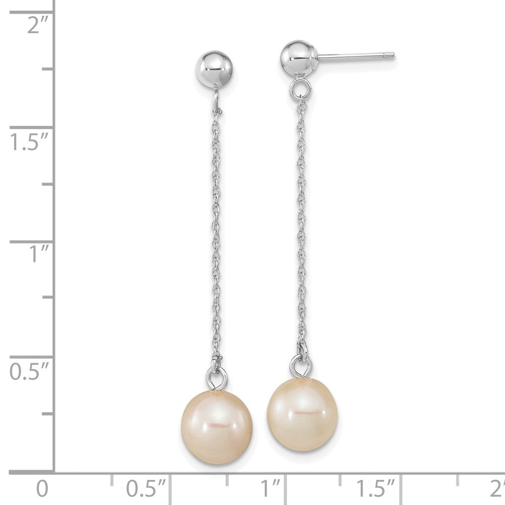 14K White Gold 14Kw 7 8mm Round Freshwater Cultured Pearl Post Dangle Earrings
