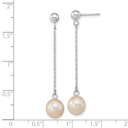 14K White Gold 14Kw 7 8mm Round Freshwater Cultured Pearl Post Dangle Earrings