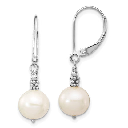 14K White Gold 8 9mm Near Round Freshwater Cultured Pearl Dangle Leverback Earrings