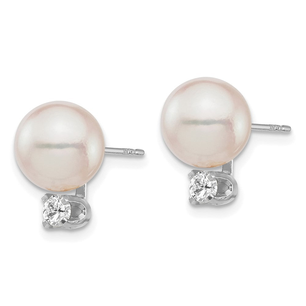 14K White Gold 8 9mm Round Akoya Saltwater Cultured Pearl And .20 Carat Diamond Post Earrings